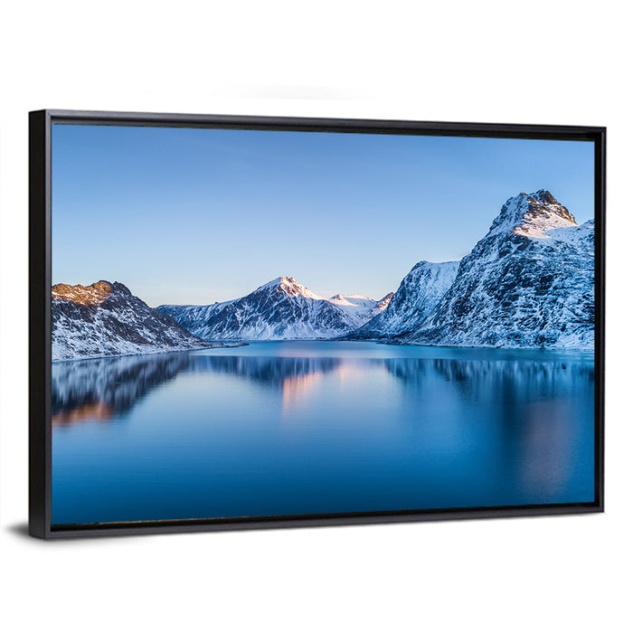 Snowy Lofoten Reflection Wall Art as a framed canvas