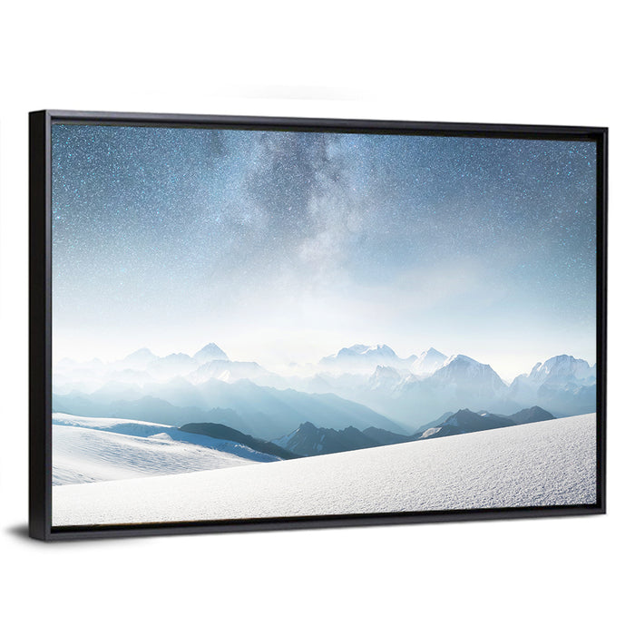 Starry Milky Way Over Snowy Peaks Wall Art as a framed canvas