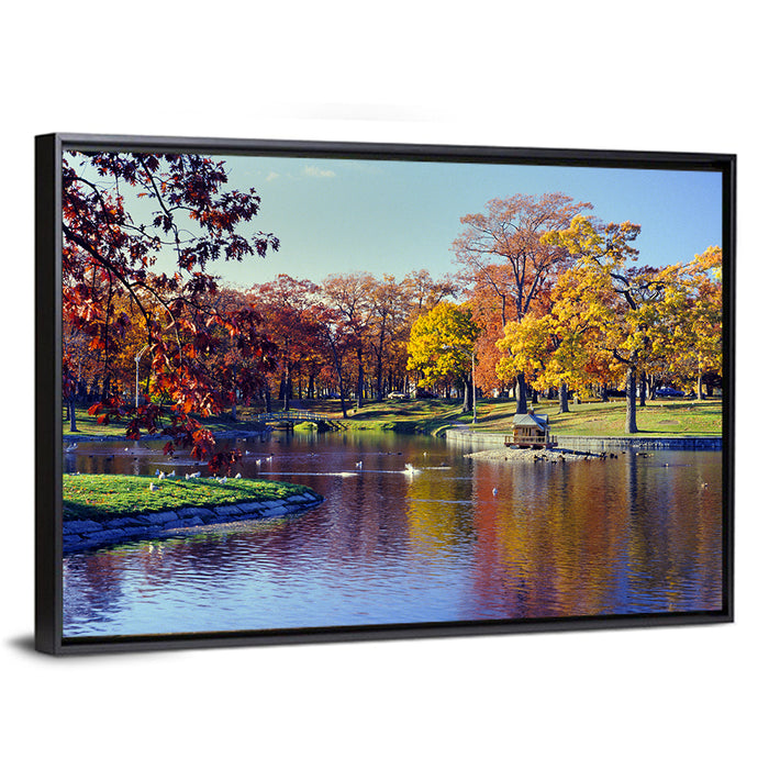 Deering Oaks Autumn Pond Wall Art as a framed canvas