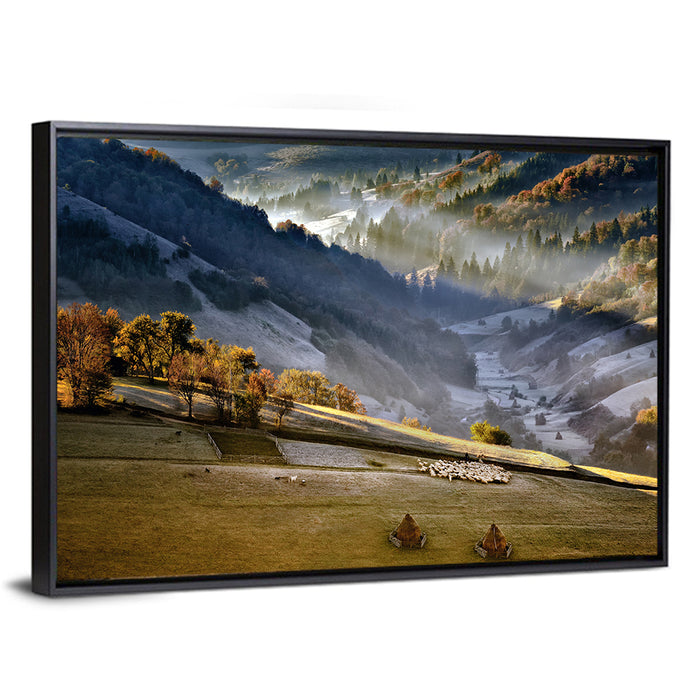 Mountain Village in Morning Mist Wall Art as a framed canvas
