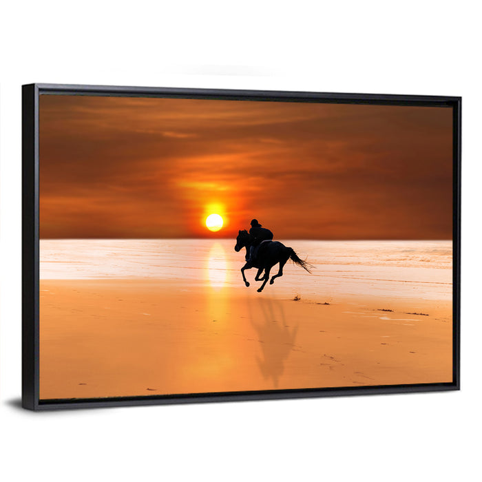 Horse and Rider at Sunset Wall Art as a framed canvas