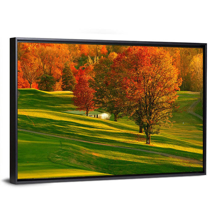 Golden Hour Golf Course Wall Art as a framed canvas