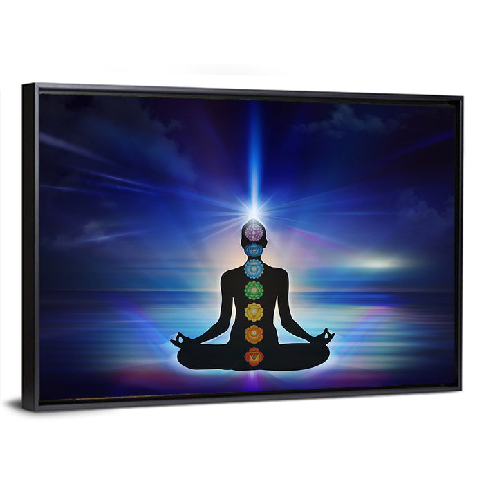 Lotus Pose with Chakra Symbols Wall Art as a framed canvas