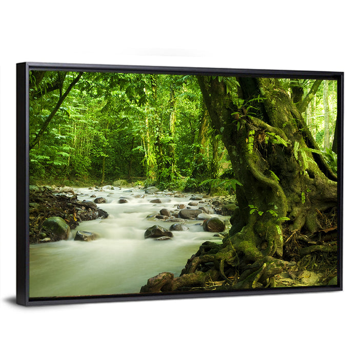 Emerald Rainforest River Wall Art as a framed canvas