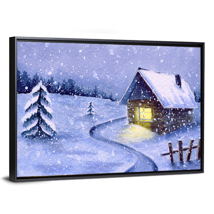 Snowy Log Cabin Night Wall Art as a framed canvas