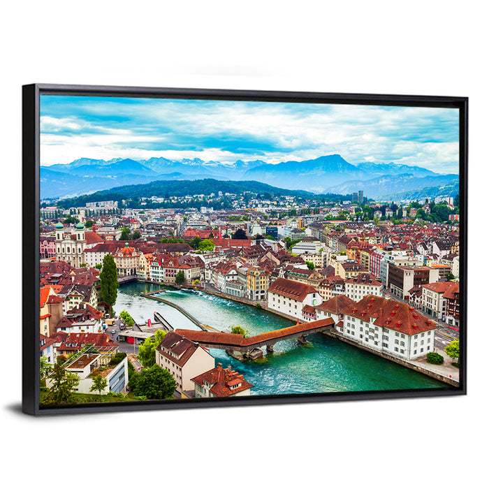 Lucerne Chapel Bridge View Wall Art as a framed canvas