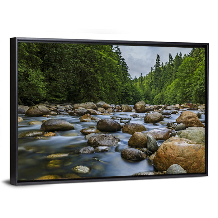 Lynn Canyon Riverbed Forest Wall Art as a framed canvas