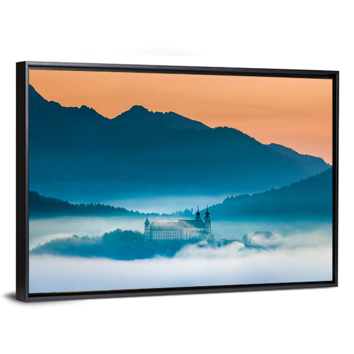 Benediktbeuern Abbey in Morning Fog Wall Art as a framed canvas