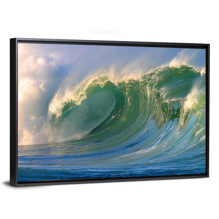 Golden Hour Barrel Wave Wall Art as a framed canvas