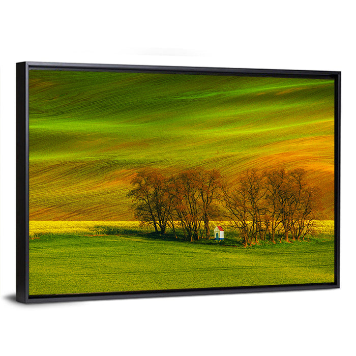 Moravian Wheat Fields with Chapel Wall Art as a framed canvas