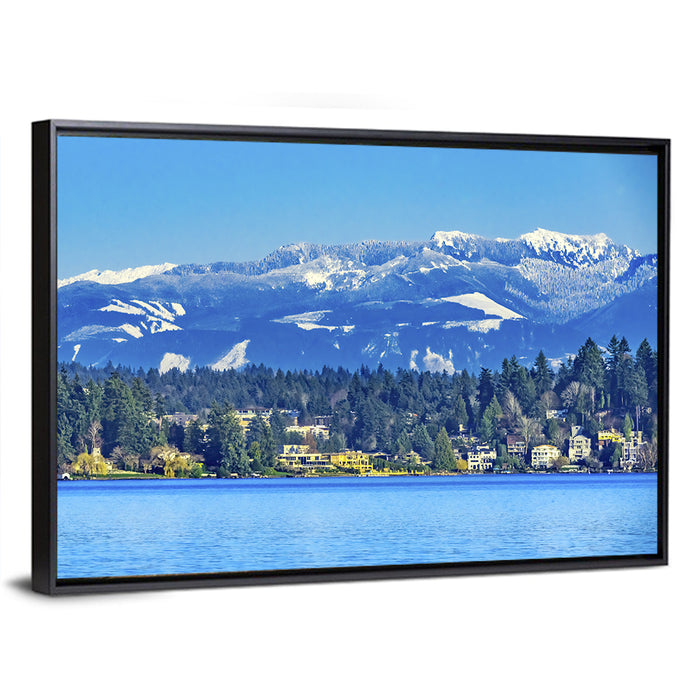 Lake Washington Snow-capped Peaks Wall Art as a framed canvas