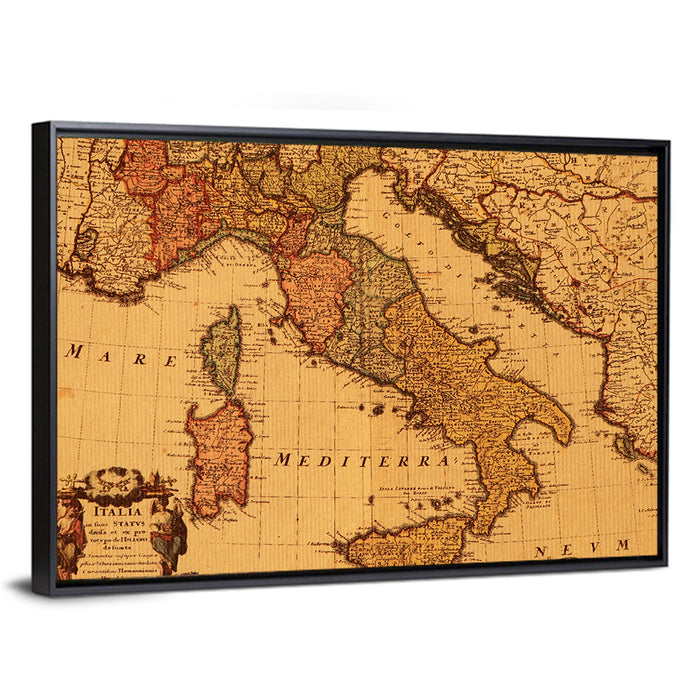 Antique Map of Italy with Ornate Cartouche Wall Art as a framed canvas