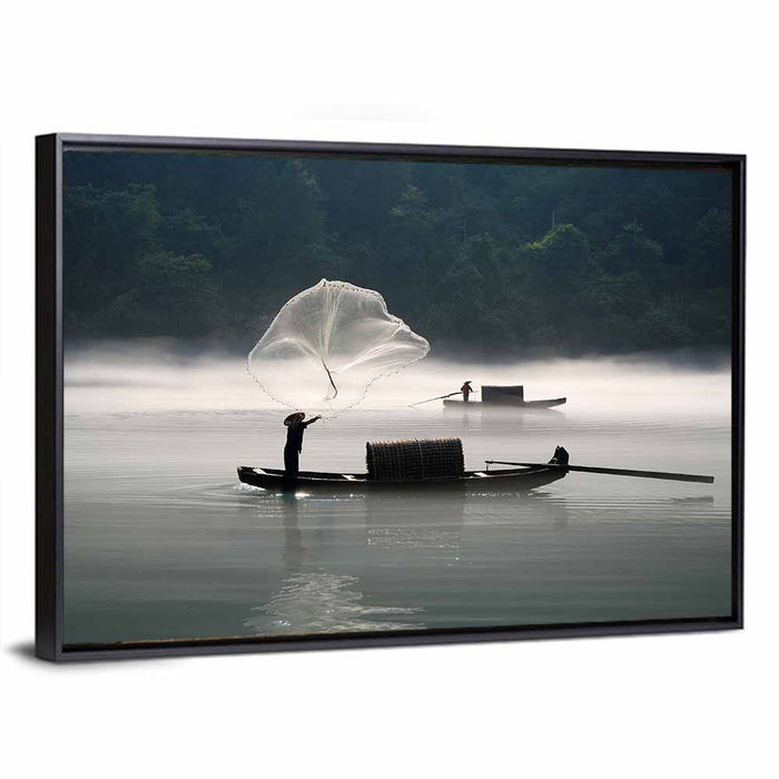 Misty Lake Fisherman Wall Art as a framed canvas