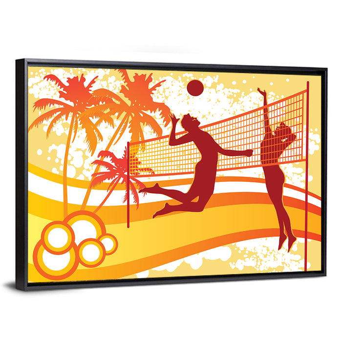 Beach Volleyball Silhouette Wall Art as a framed canvas