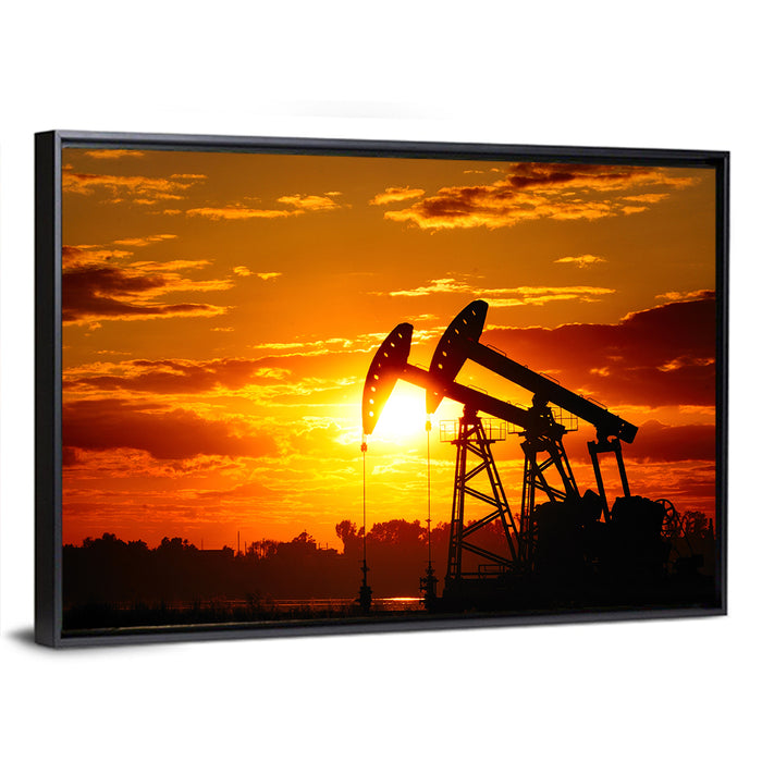 Sunset Oil Pump Jacks Wall Art as a framed canvas