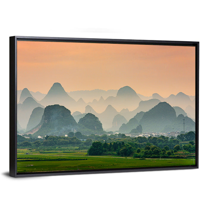 Misty Karst Mountains Wall Art as a framed canvas