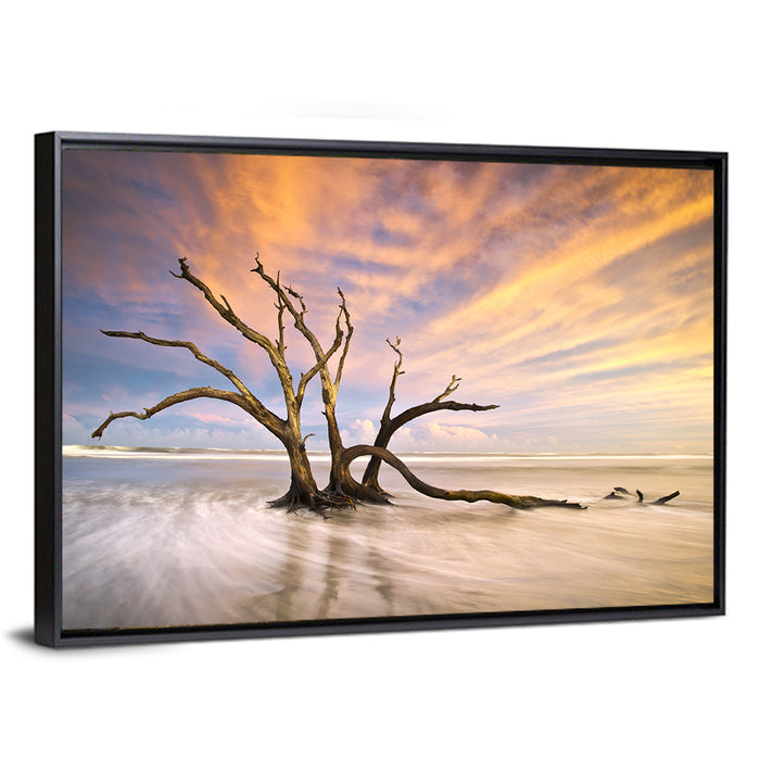 Folly Beach Driftwood Sunset Wall Art as a framed canvas