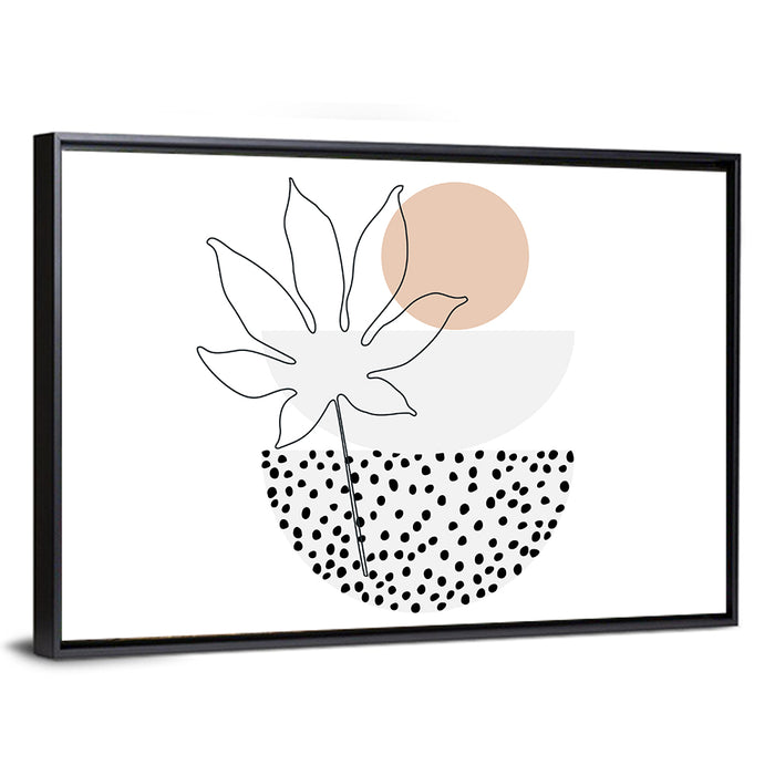 Palm Leaf with Peach Circle Illustration Wall Art as a framed canvas