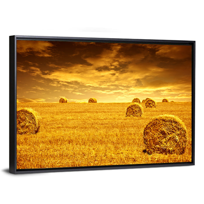 Golden Hour Haystacks Wall Art as a framed canvas