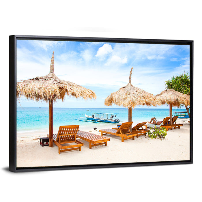 Gili Meno Beach with Thatched Umbrellas Wall Art as a framed canvas