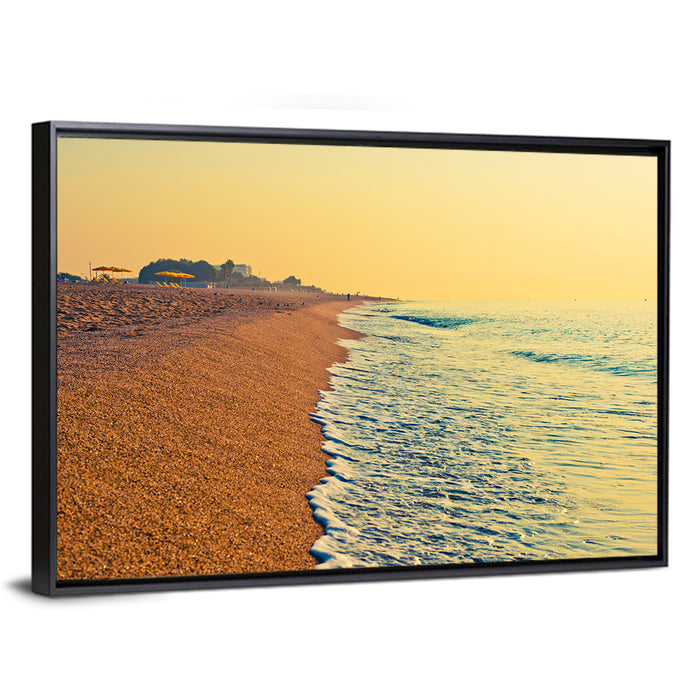 Tranquil Beach Sunrise Wall Art as a framed canvas