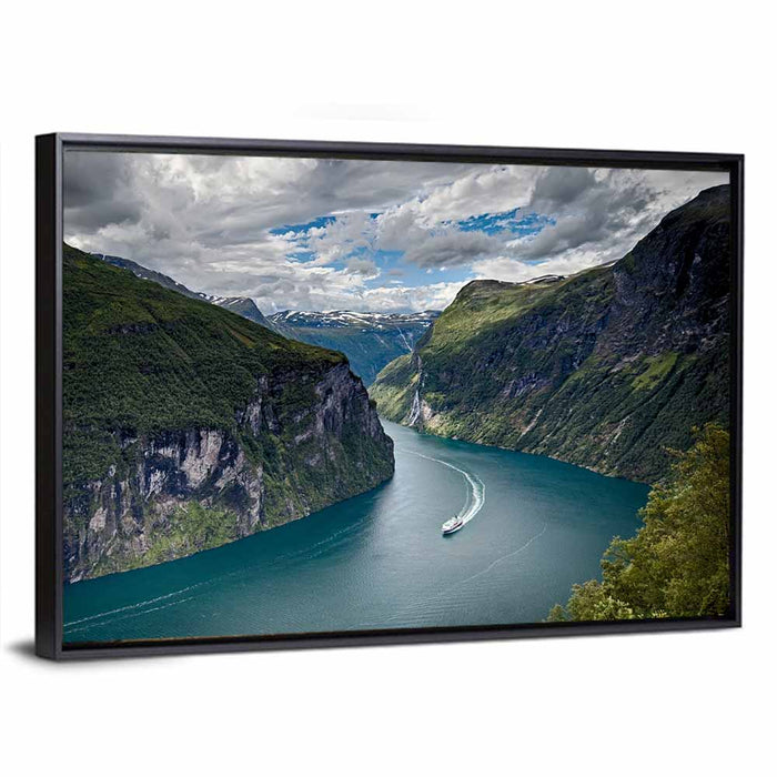Geirangerfjord Boat Wake Wall Art as a framed canvas