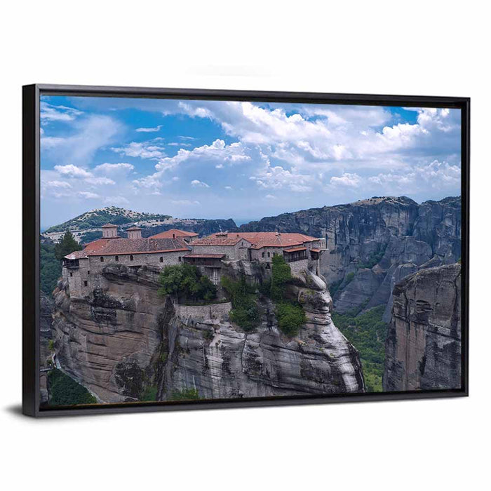 Meteora Cliffside Monastery Wall Art as a framed canvas