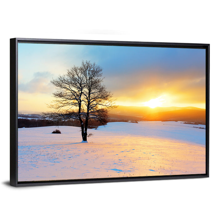 Snowy Winter Sunrise Wall Art as a framed canvas