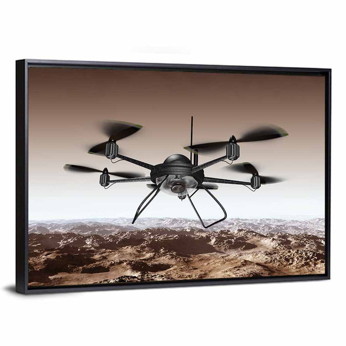 Spy Drone Over Arid Landscape Wall Art as a framed canvas