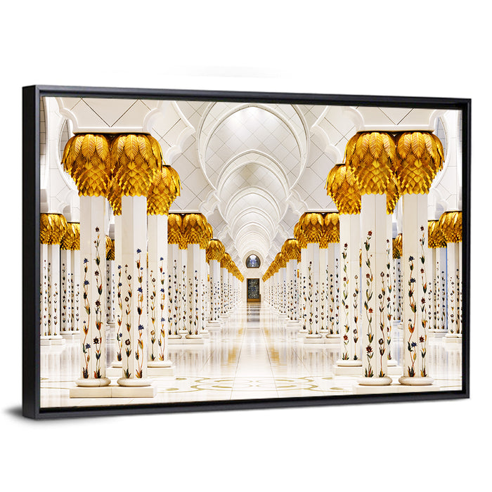Sheikh Zayed Grand Mosque Colonnade Wall Art as a framed canvas