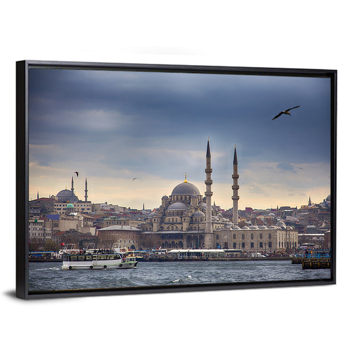 Istanbul Skyline with New Mosque Wall Art as a framed canvas