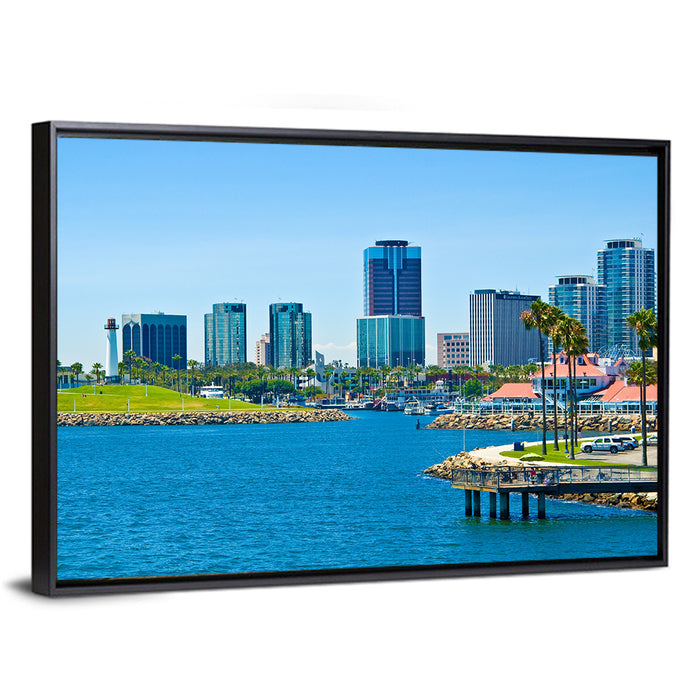 Long Beach Rainbow Harbor Skyline Wall Art as a framed canvas