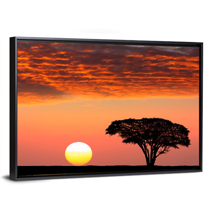 Serengeti Sunset Silhouette Wall Art as a framed canvas