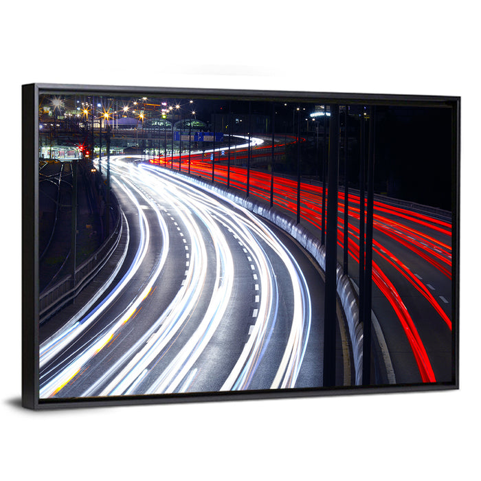 Night Highway Light Trails Wall Art as a framed canvas