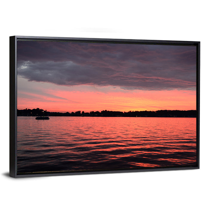 Lake James Sunset with Boat Wall Art as a framed canvas