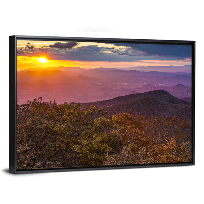 Blue Ridge Sunset Over Autumn Ridges Wall Art as a framed canvas