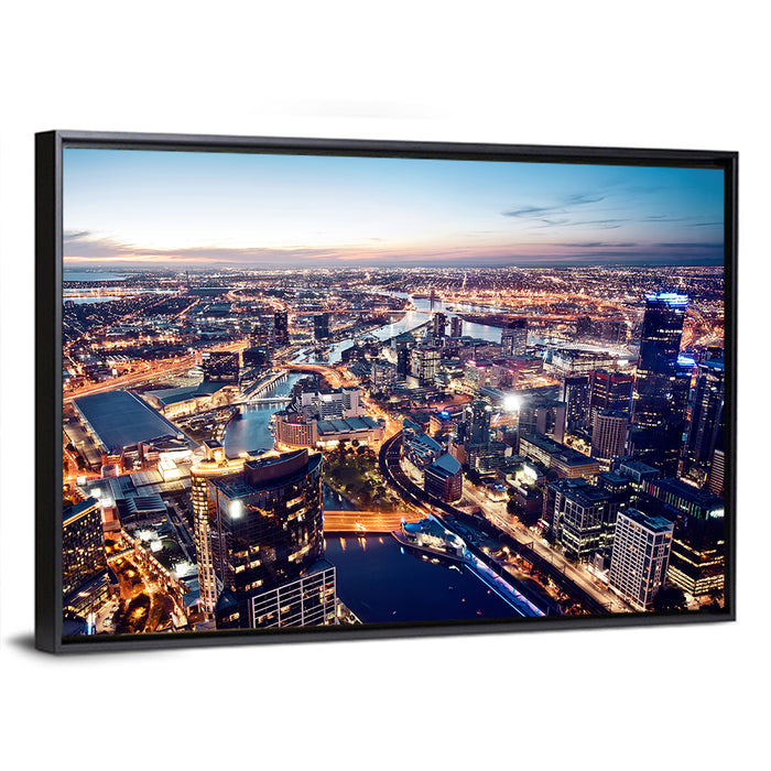 Melbourne Twilight Skyline Wall Art as a framed canvas