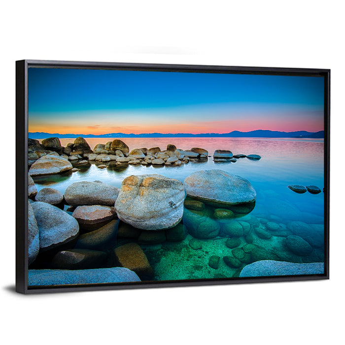 Lake Tahoe Sunset Boulders Wall Art as a framed canvas