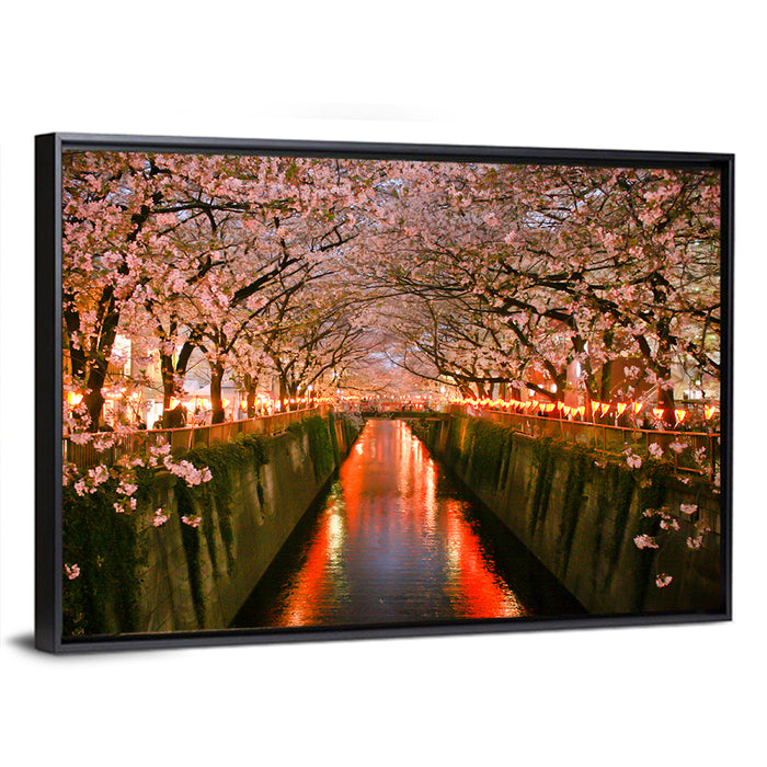 Meguro River Cherry Blossoms Wall Art as a framed canvas