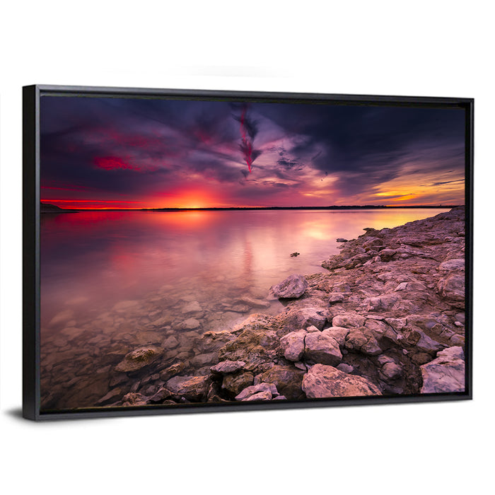 Benbrook Lake Sunset Reflection Wall Art as a framed canvas