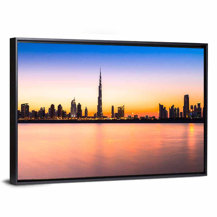 Dubai Skyline at Dusk Wall Art as a framed canvas