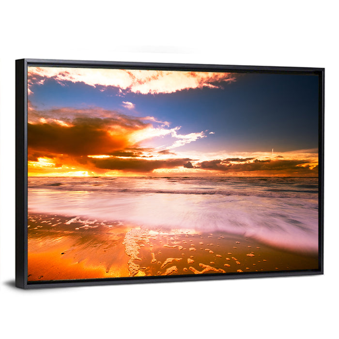 Golden Hour Beach Sunset Wall Art as a framed canvas