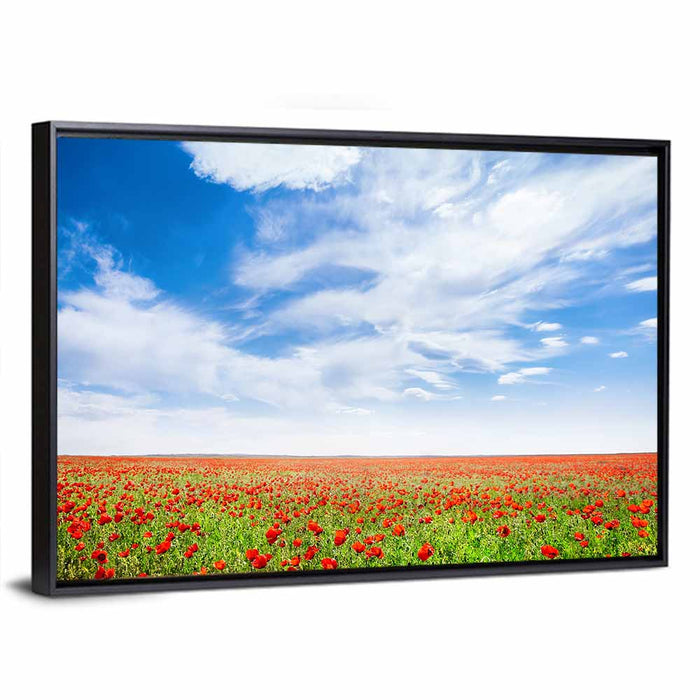 Red Poppy Field Wall Art as a framed canvas