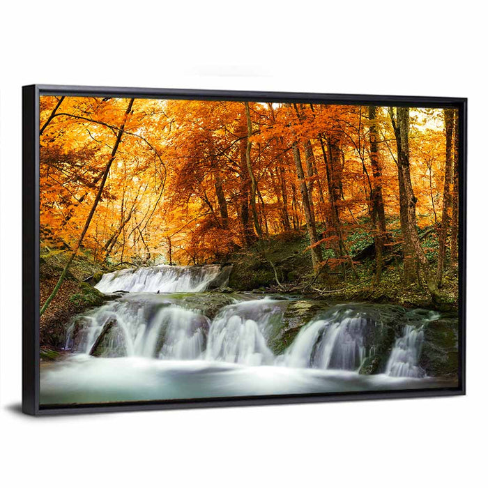 Autumn Forest Waterfall Wall Art as a framed canvas