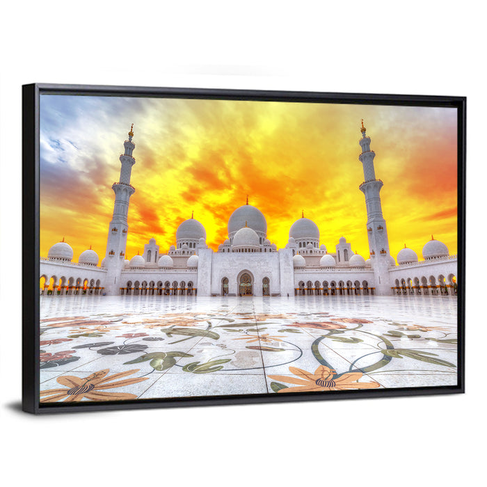 Sheikh Zayed Grand Mosque at Sunset Wall Art as a framed canvas