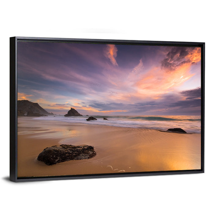 Adraga Beach Sunset Wall Art as a framed canvas