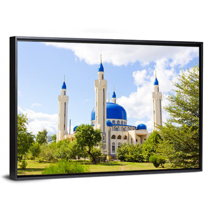 Blue Domed Mosque with Golden Minarets Wall Art as a framed canvas