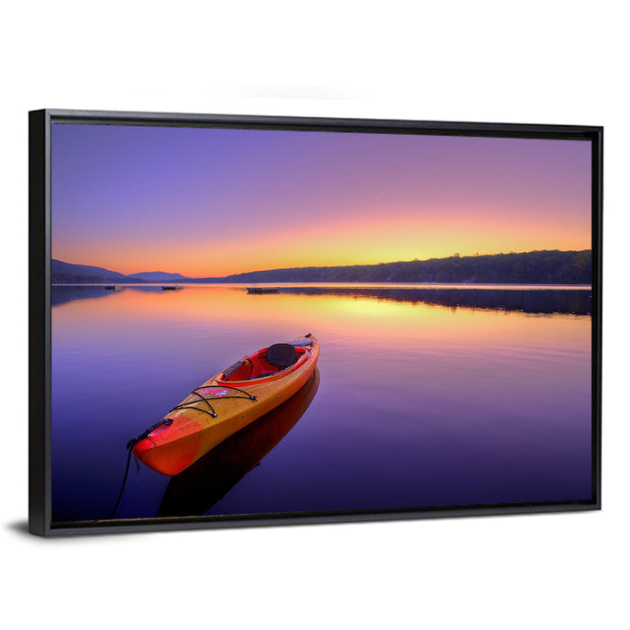 Bright Orange Kayak at Sunset Wall Art as a framed canvas