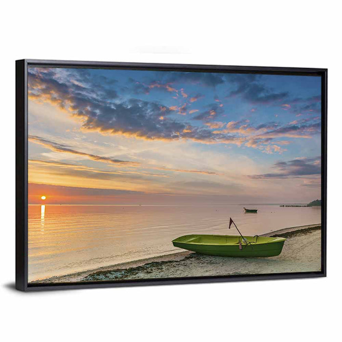 Green Rowboat at Sunrise Wall Art as a framed canvas