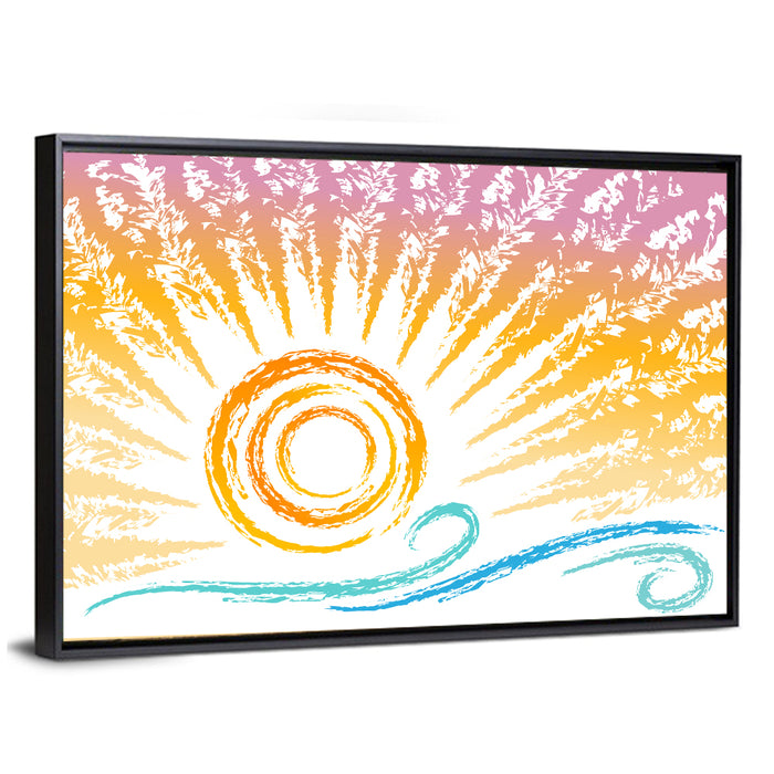 Sun and Waves Illustration Wall Art as a framed canvas